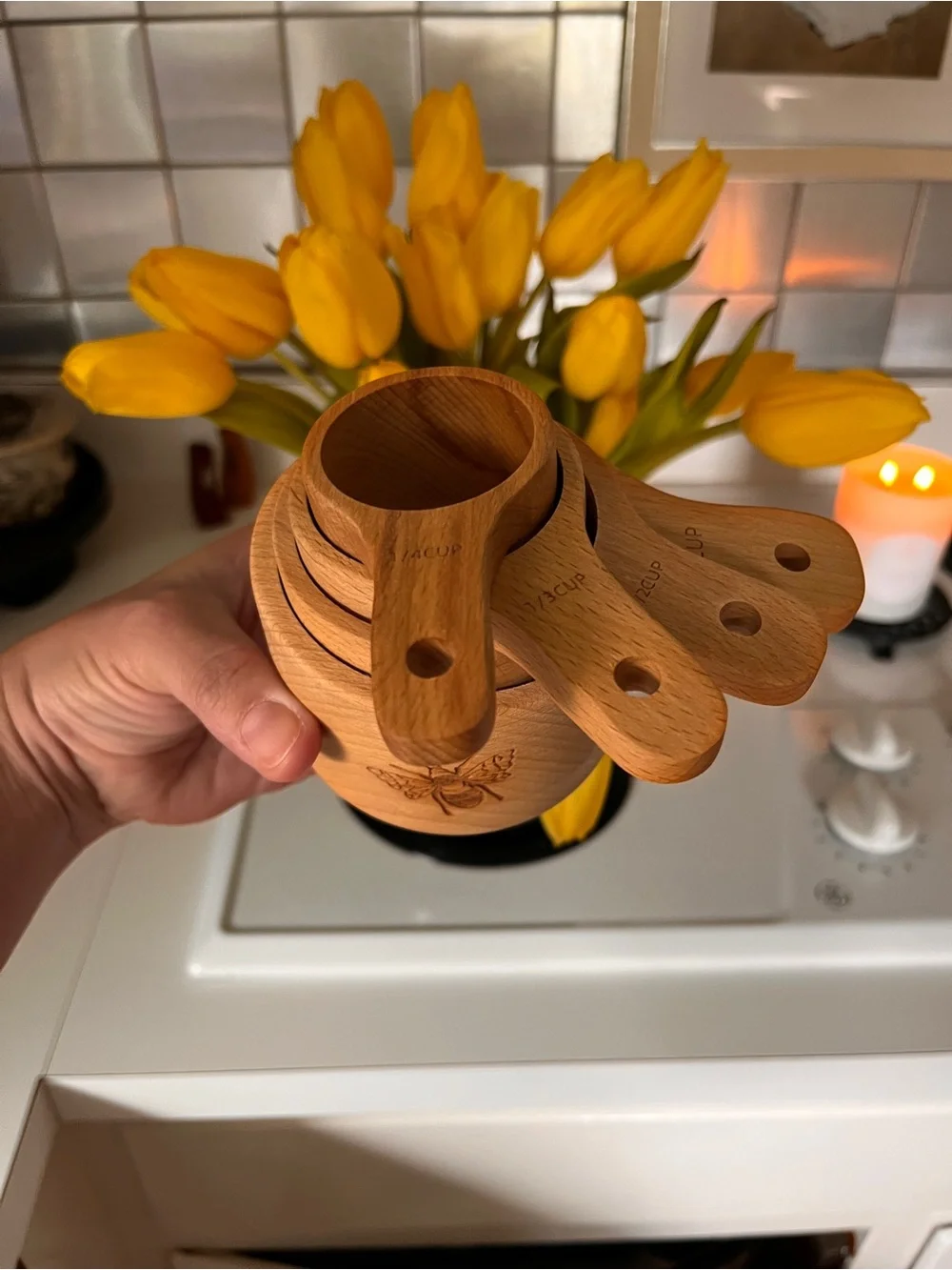 Beechwood Measuring Cups Laser Engraved Bumble Bee